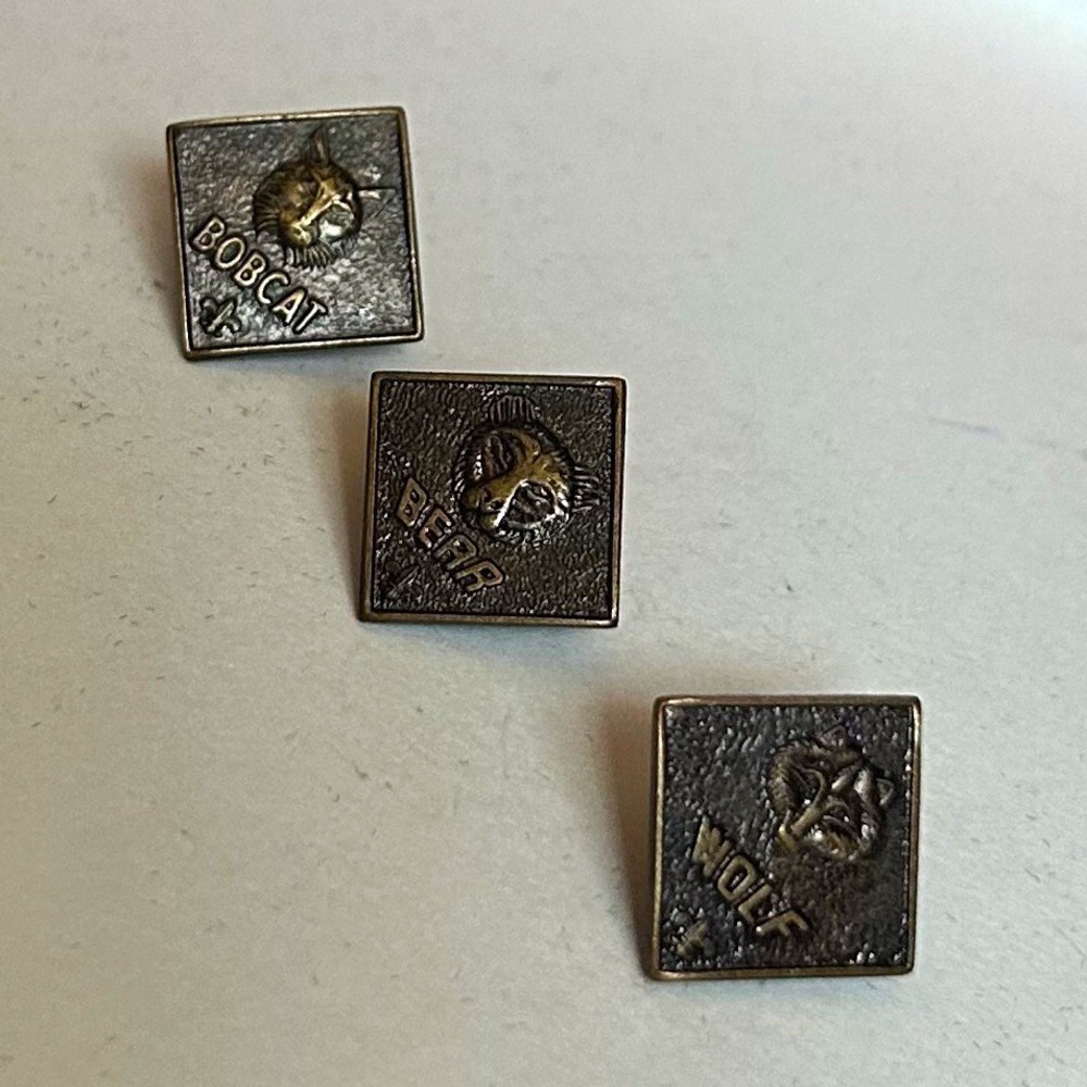 3 Metal Square Animal Lapel Pins Lot of 3 - Bobcat Wolf Bear Pinback Pins